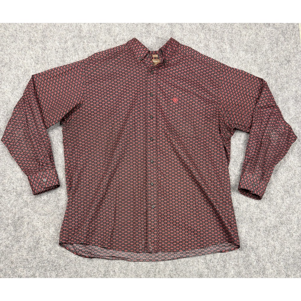 Ariat Mens XXL Fitted Stretch Western Button Down Shirt Red Black Diamond Print